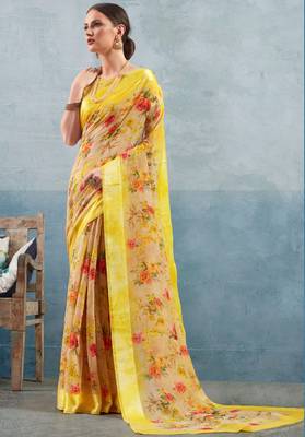 Multicolor printed linen saree with blouse 1