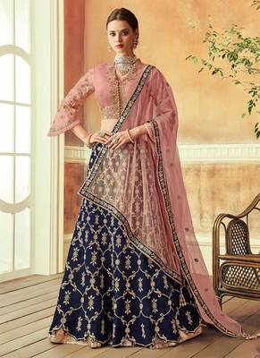 blue embroidered art silk lehenga with dupatta 1