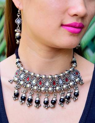 Oxidized Metal Jewellery Set Black&Red 1 1