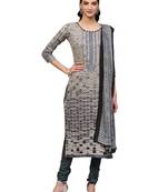 Beige Cotton Embroidered Dress Material With Chiffon Dupatta