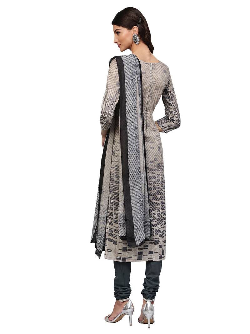 Beige Cotton Embroidered Dress Material With Chiffon Dupatta