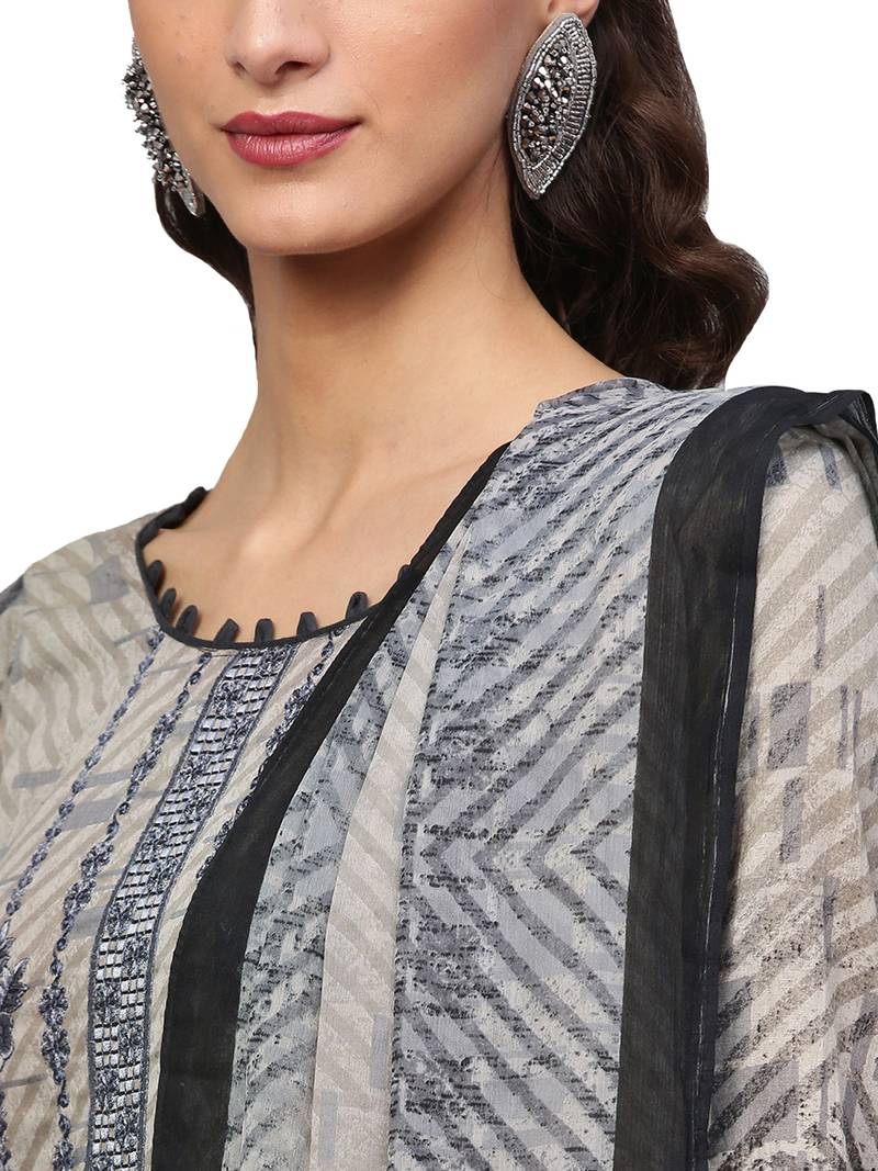 Beige Cotton Embroidered Dress Material With Chiffon Dupatta