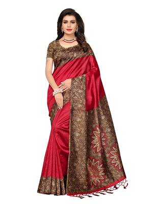 Red Printed Art Silk Sarees With Blouse 1