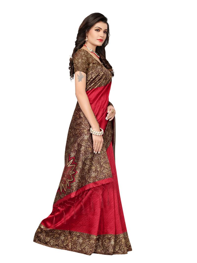 Red Printed Art Silk Sarees With Blouse