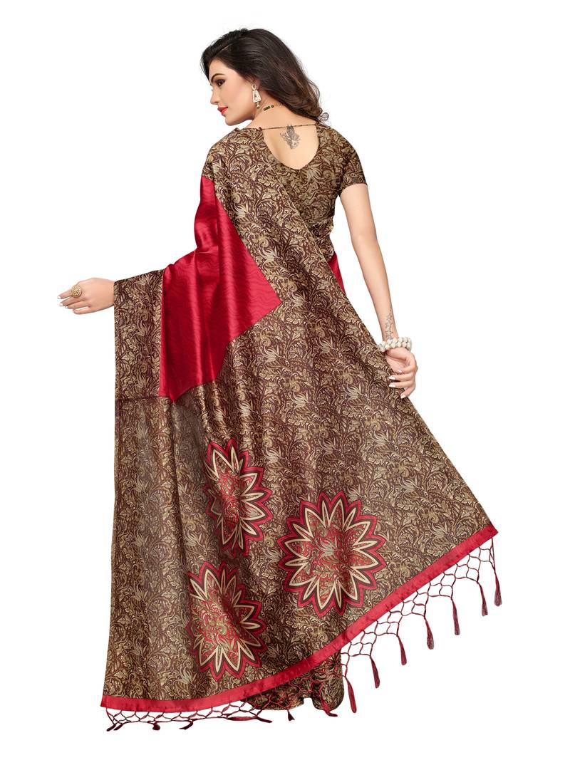 Red Printed Art Silk Sarees With Blouse