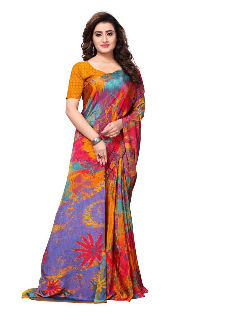 Yellow Printed Crepe Sarees With Blouse