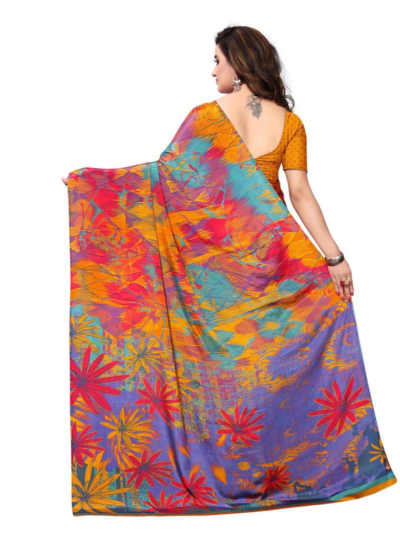 Yellow Printed Crepe Sarees With Blouse