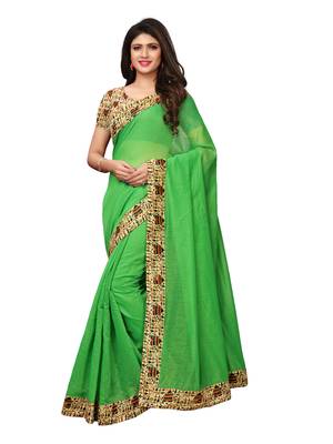 Green Plain Chanderi Sarees With Blouse 1