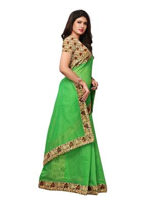 Green Plain Chanderi Sarees With Blouse 2