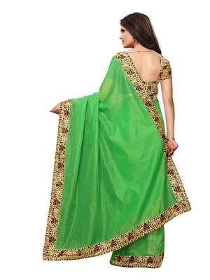 Green Plain Chanderi Sarees With Blouse 3