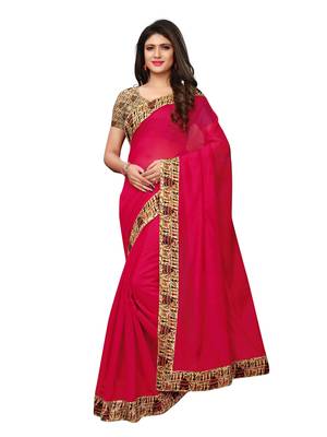 Red Plain Chanderi Sarees With Blouse 1