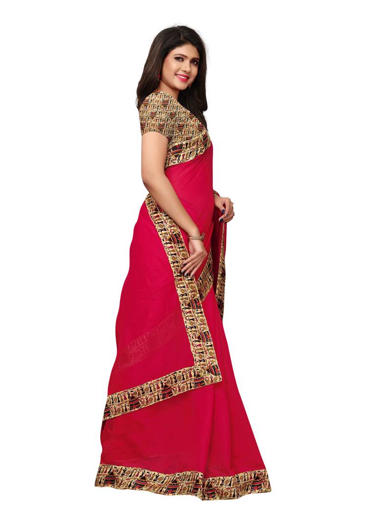 Red Plain Chanderi Sarees With Blouse