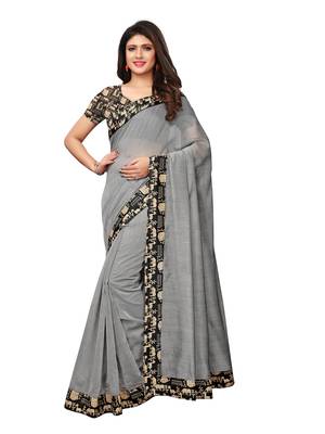 Grey Plain Chanderi Sarees With Blouse 1