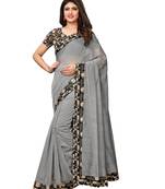 Grey Plain Chanderi Sarees With Blouse