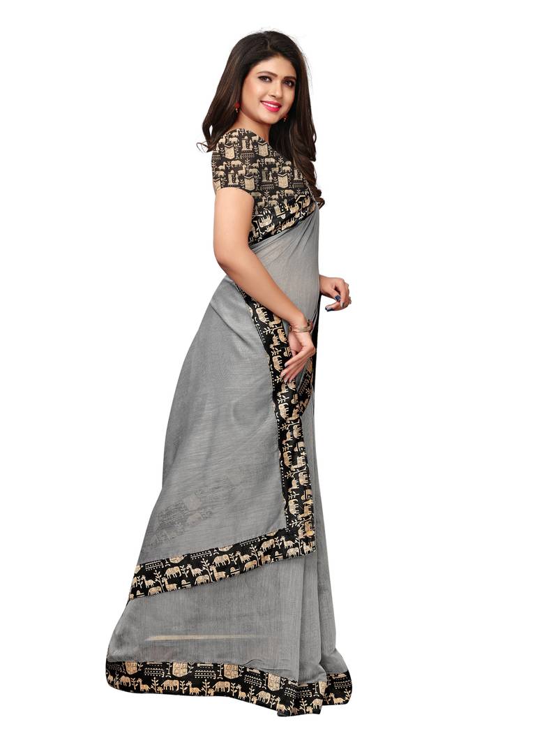 Grey Plain Chanderi Sarees With Blouse