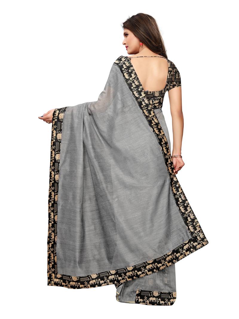 Grey Plain Chanderi Sarees With Blouse