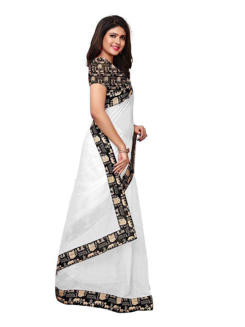 White Plain Chanderi Sarees With Blouse