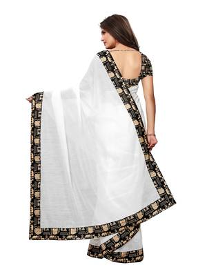 White Plain Chanderi Sarees With Blouse 3