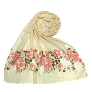 White Designer Flower Cotton Islamic Hijab Headscarf 4
