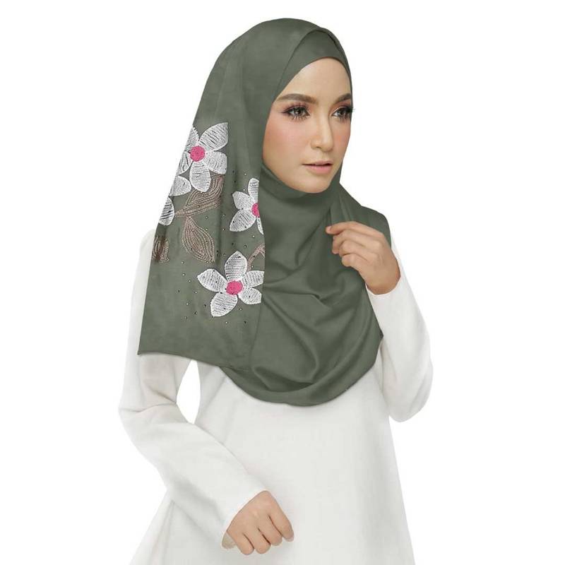 Green Cotton Designer Flower Ari Diamond Stole Hijab