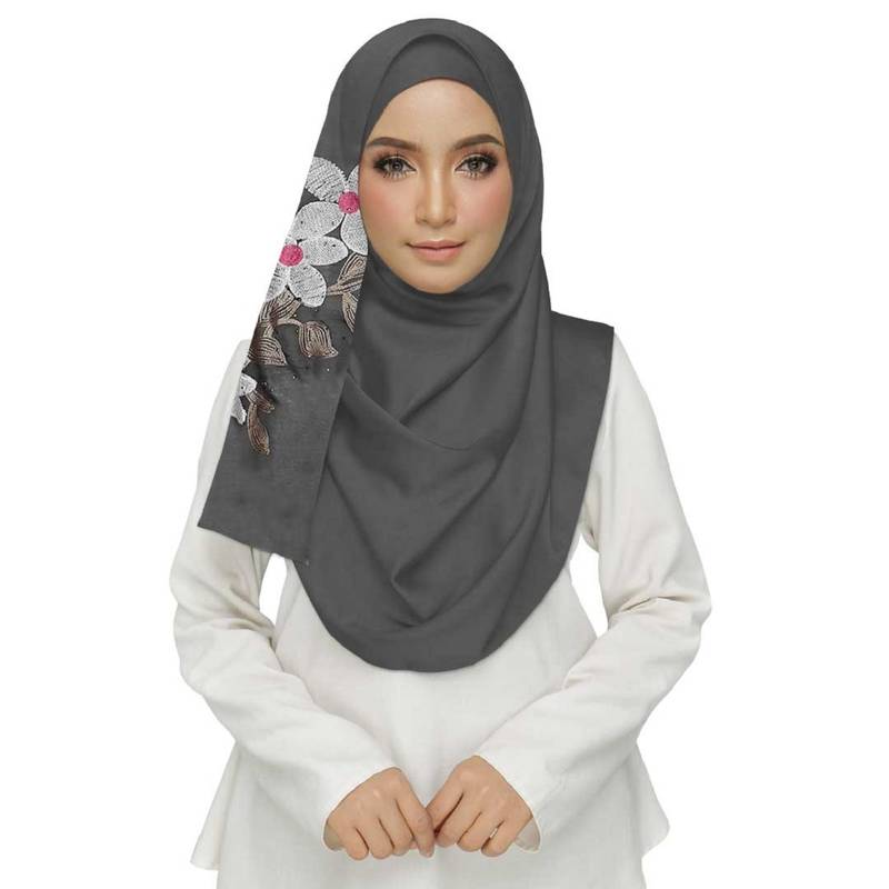 Grey Cotton Designer Flower Ari Diamond Stole Hijab