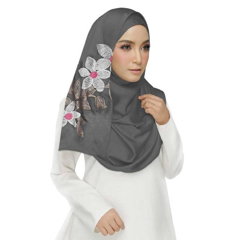 Grey Cotton Designer Flower Ari Diamond Stole Hijab