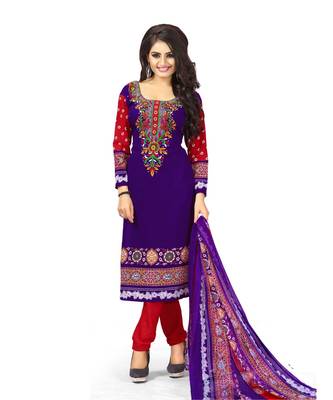 Purple Printed Synthetic Churidar Unstitched Women'S Dress Material 1
