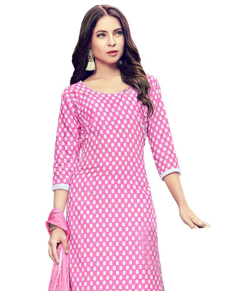 Pink Printed Cotton Churidar Unstitched Women'S Dress Material
