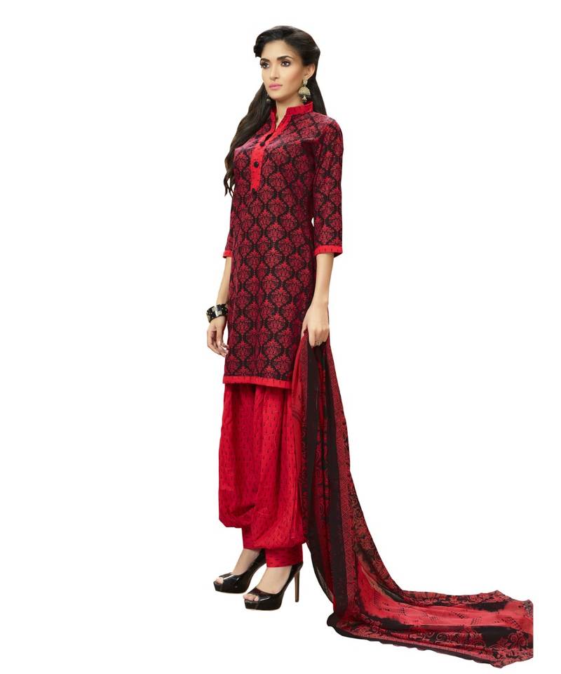 Black Printed Cotton Patiala Unstitched Women'S Dress Material
