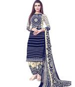Navy Blue Printed Crepe Patiala Unstitched Women'S Dress Material