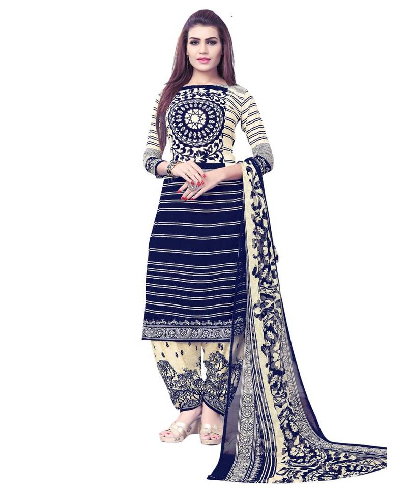 Navy Blue Printed Crepe Patiala Unstitched Women'S Dress Material