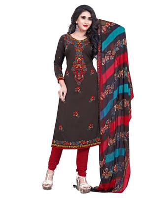Brown Printed Crepe Churidar Unstitched Women'S Dress Material 1
