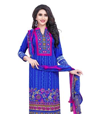 Blue Printed Crepe Churidar Unstitched Women'S Dress Material 2