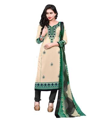 Beige Printed Crepe Churidar Unstitched Women'S Dress Material 1