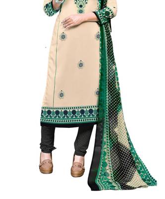 Beige Printed Crepe Churidar Unstitched Women'S Dress Material 3