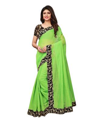 Green Plain Chanderi Sarees With Blouse 1