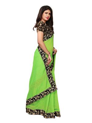 Green Plain Chanderi Sarees With Blouse 2