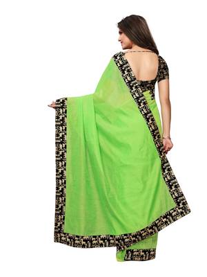 Green Plain Chanderi Sarees With Blouse 3