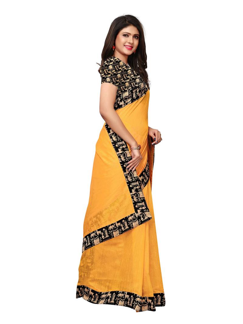 Yellow Plain Chanderi Sarees With Blouse