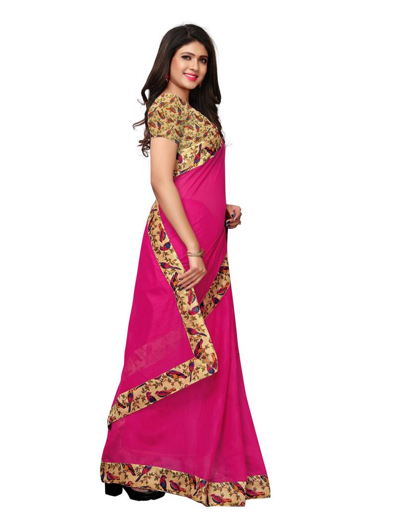 Pink Plain Chanderi Sarees With Blouse
