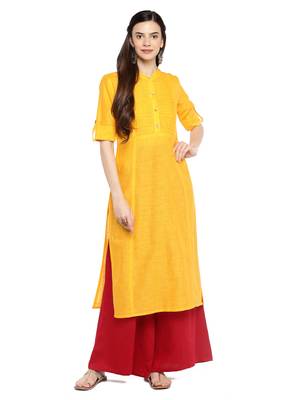 Yellow plain cotton ethnic-kurtis 1