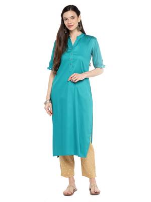 Turquoise plain cotton ethnic-kurtis 1