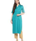 Turquoise plain cotton ethnic-kurtis