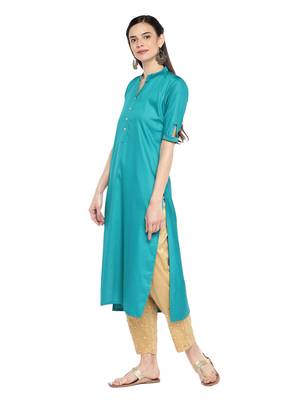 Turquoise plain cotton ethnic-kurtis 2