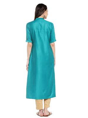 Turquoise plain cotton ethnic-kurtis 3