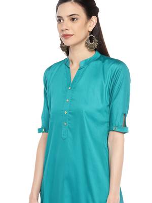 Turquoise plain cotton ethnic-kurtis 4