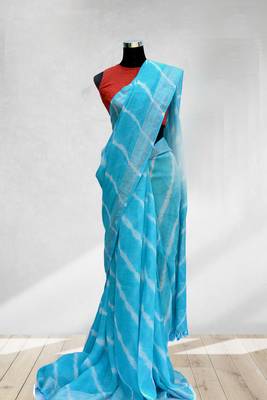blue printed faux_linen saree with blouse 1