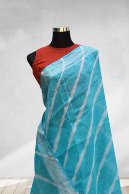 blue printed faux_linen saree with blouse 2