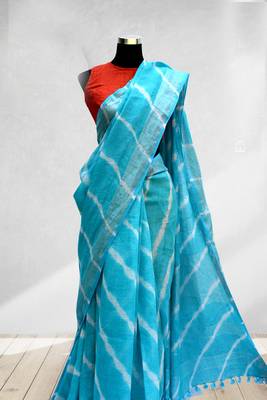 blue printed faux_linen saree with blouse 3