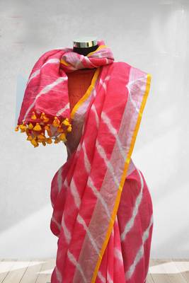 pink printed faux_linen saree with blouse 2